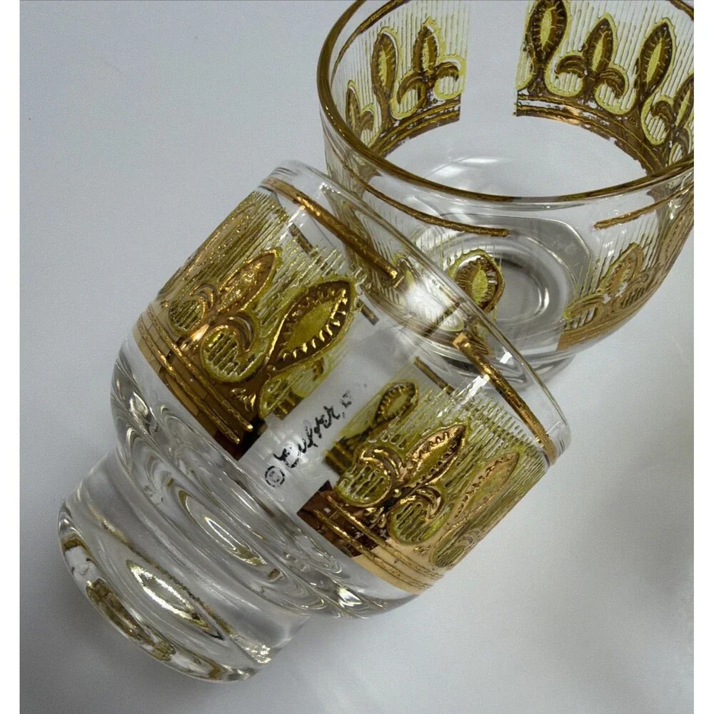 MCM Culver Fleur De Lis Lowball Glasses Set of 4 22KG Gold Citrine Yellow 1960s